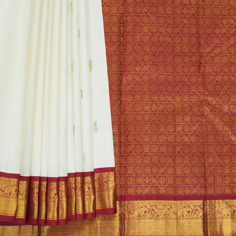 Hayagrivas Handloom Milk-White Kanjivaram Silk Saree with Maroon Border KBF723G3-2