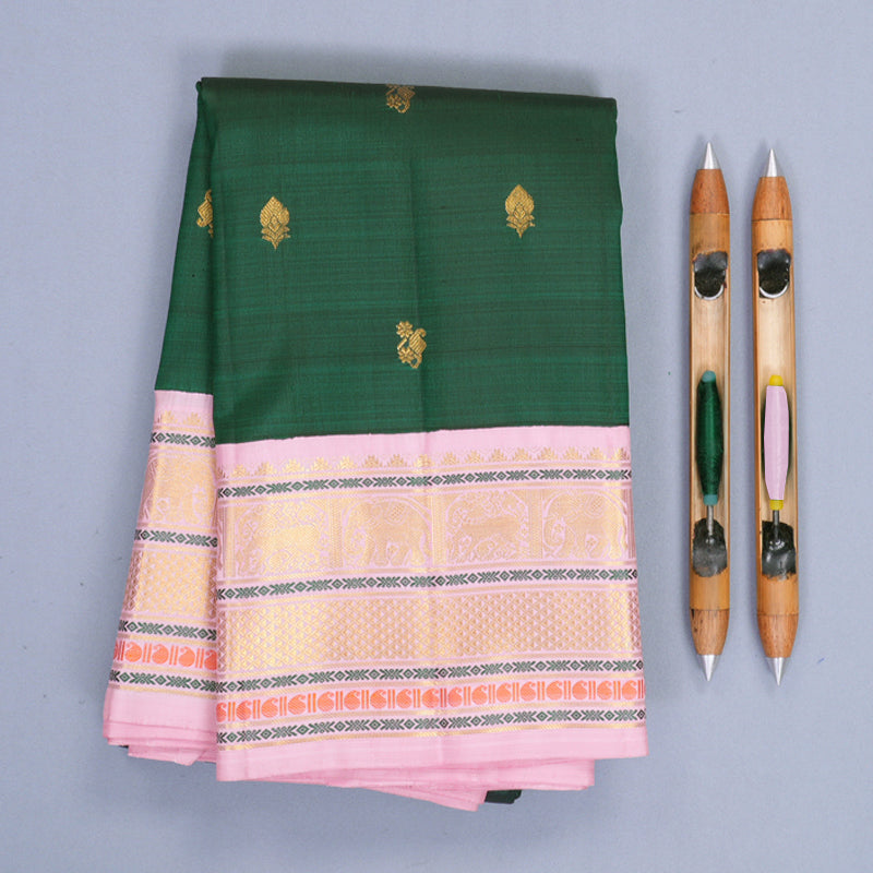 Hayagrivas Handloom Bottle Green Kanjivaram Silk Saree with Baby Pink Border KBF723G4-1