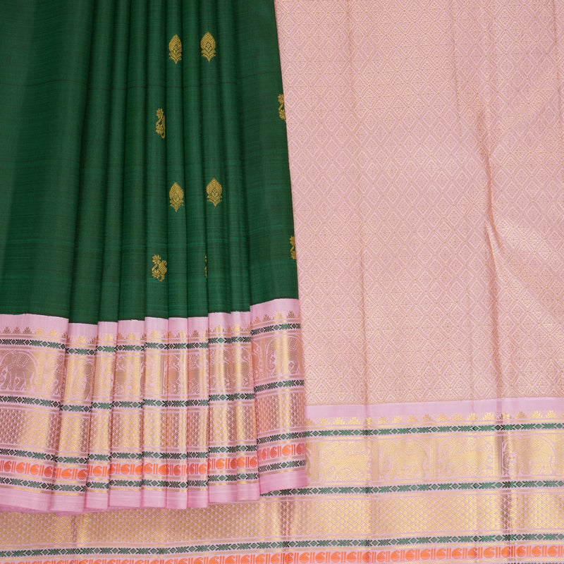 Hayagrivas Handloom Bottle Green Kanjivaram Silk Saree with Baby Pink Border KBF723G4-1