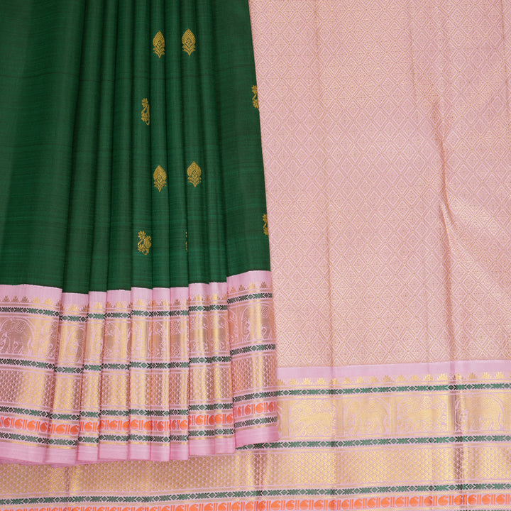 Hayagrivas Handloom Bottle Green Kanjivaram Silk Saree with Baby Pink Border KBF723G4-1