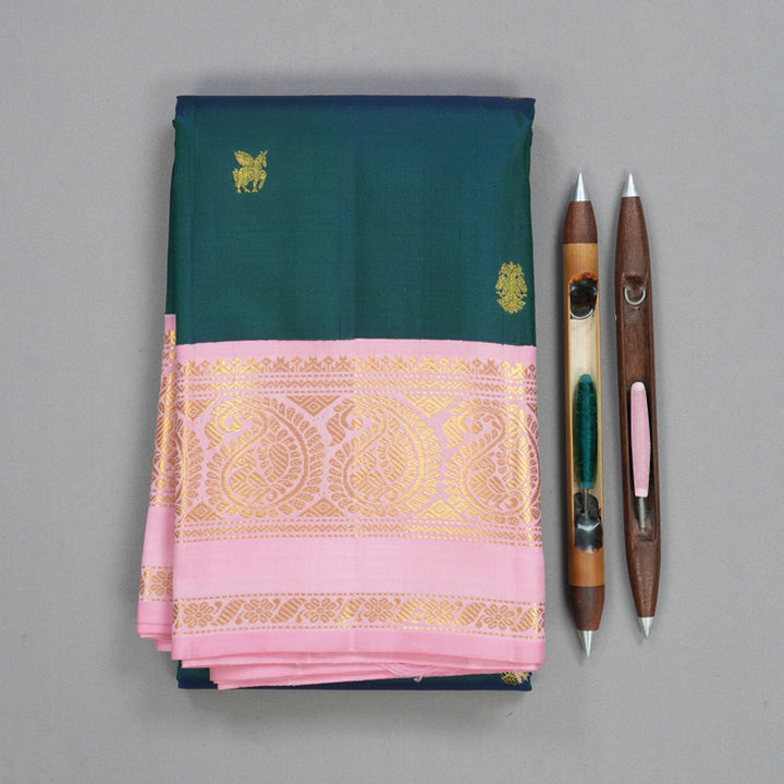 Hayagrivas Handloom Peacock Green Kanjivaram Silk Saree with Baby Pink Border KBF723G4-2
