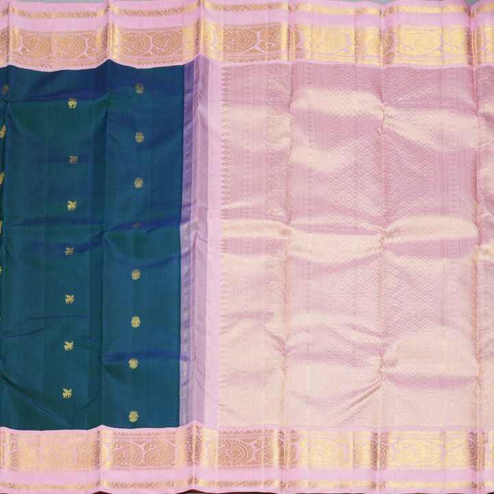 Hayagrivas Handloom Peacock Green Kanjivaram Silk Saree with Baby Pink Border KBF723G4-2