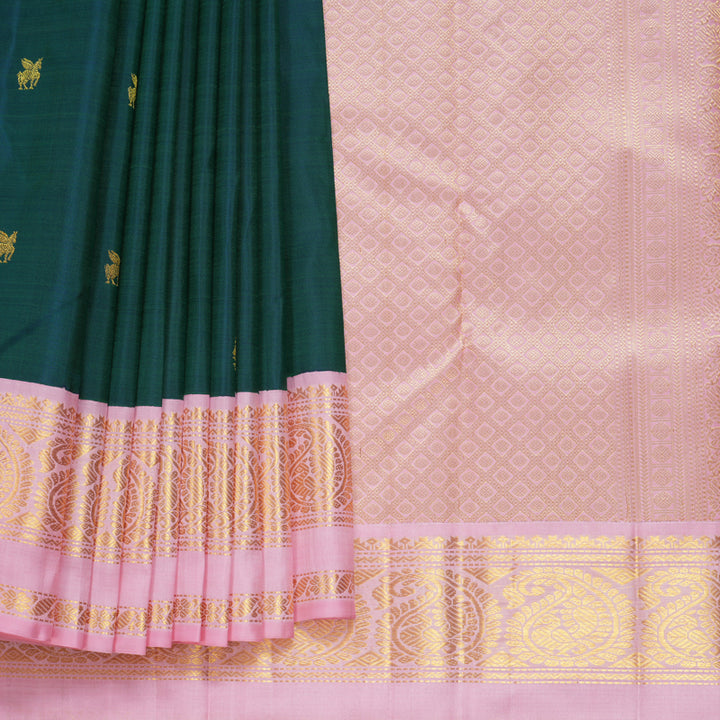 Hayagrivas Handloom Peacock Green Kanjivaram Silk Saree with Baby Pink Border KBF723G4-2