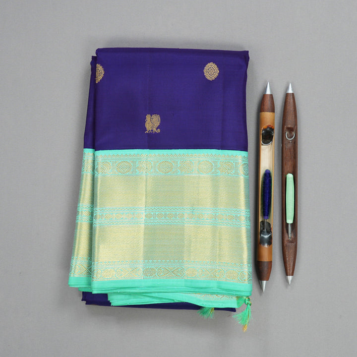 Hayagrivas Handloom Dark Blue Kanjivaram Silk Saree with Sea Green Border KBF727G2-2