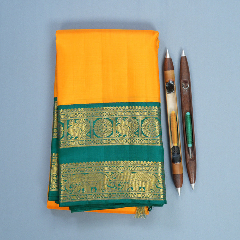Hayagrivas Handloom Mambazham Yellow Kanjivaram Silk Saree with Peacock Green Border KBF727G3-4