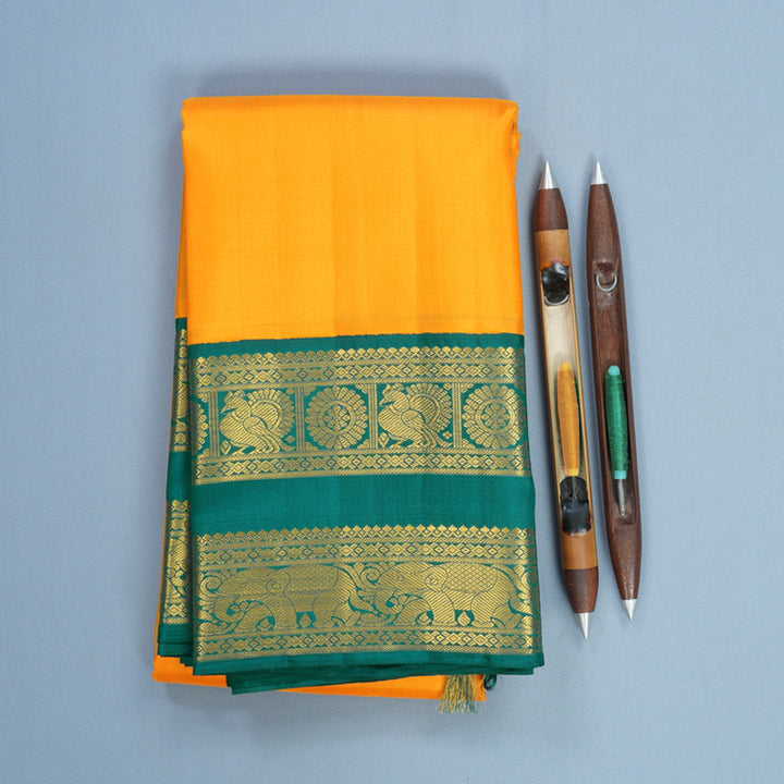 Hayagrivas Handloom Mambazham Yellow Kanjivaram Silk Saree with Peacock Green Border KBF727G3-4