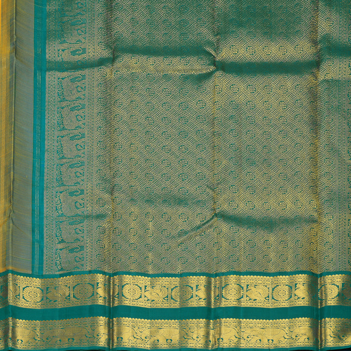 Hayagrivas Handloom Mambazham Yellow Kanjivaram Silk Saree with Peacock Green Border KBF727G3-4