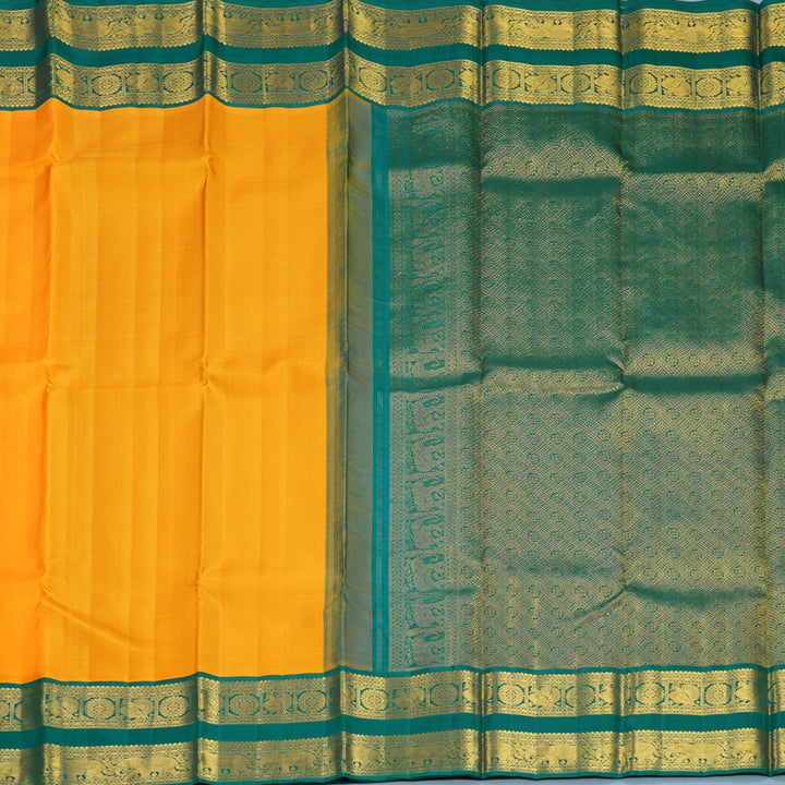 Hayagrivas Handloom Mambazham Yellow Kanjivaram Silk Saree with Peacock Green Border KBF727G3-4