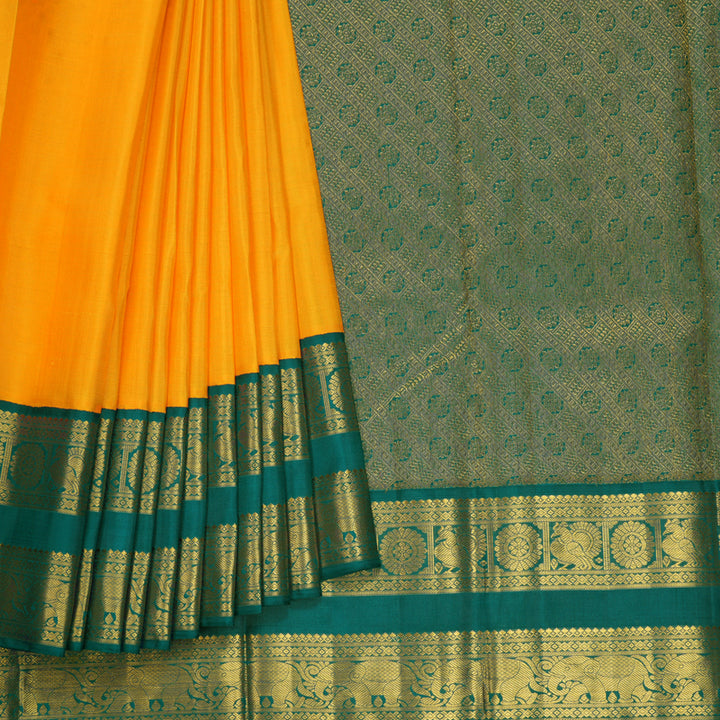Hayagrivas Handloom Mambazham Yellow Kanjivaram Silk Saree with Peacock Green Border KBF727G3-4