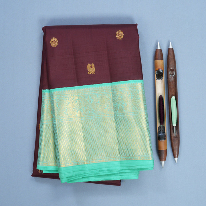 Hayagrivas Handloom Brown Kanjivaram Silk Saree with Bright Teal Border KBF728G1-2