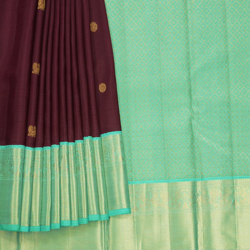 Hayagrivas Handloom Brown Kanjivaram Silk Saree with Bright Teal Border KBF728G1-2