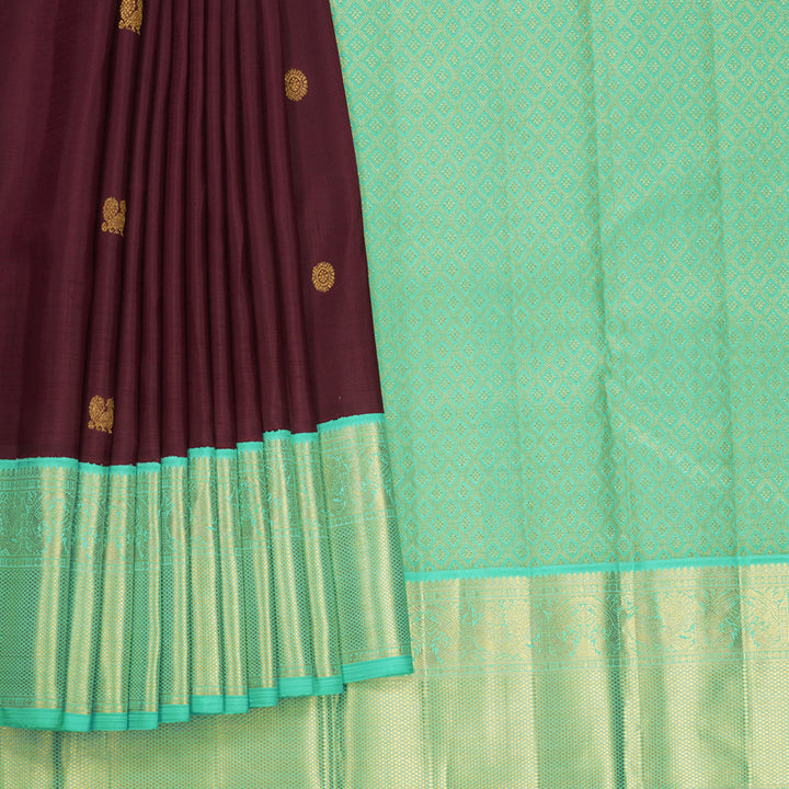 Hayagrivas Handloom Brown Kanjivaram Silk Saree with Bright Teal Border KBF728G1-2