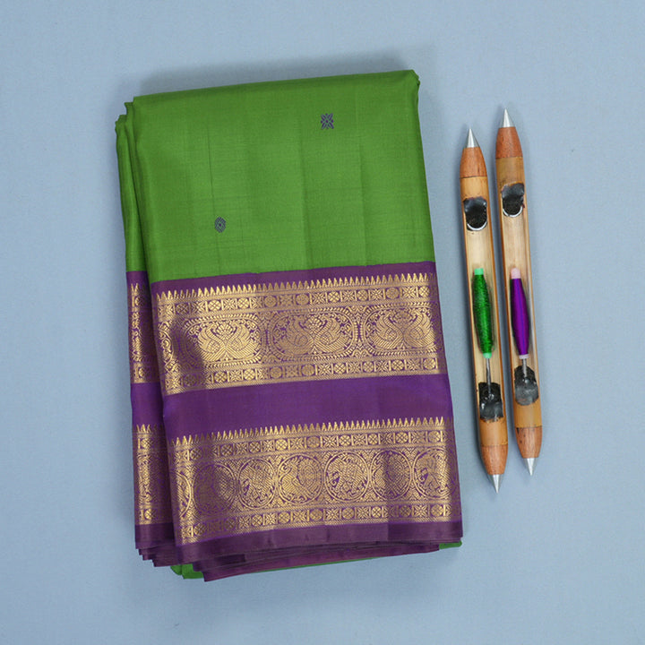 Hayagrivas Handloom Olive Green Kanjivaram Silk Saree with Purple Border KBF728G1-3