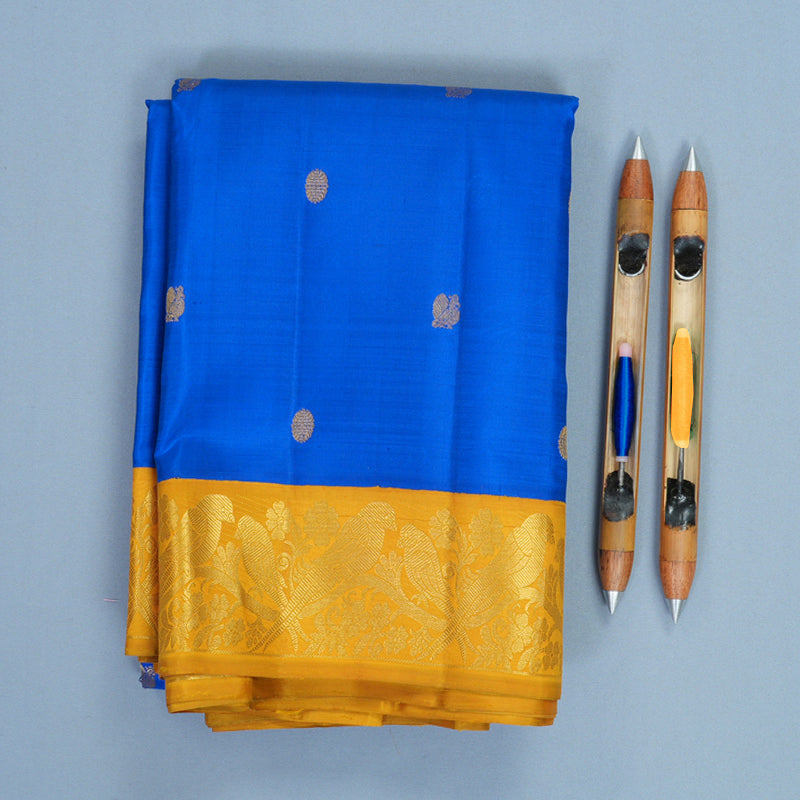 Hayagrivas Handloom MS Blue Kanjivaram Silk Saree with Mango Yellow Border KBF728G2-1
