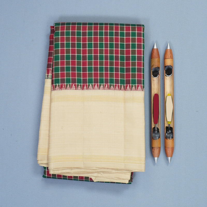 Hayagrivas Handloom Green &amp; Maroon Checks Kanjivaram Silk Saree with Beige Border KBF729G1-1
