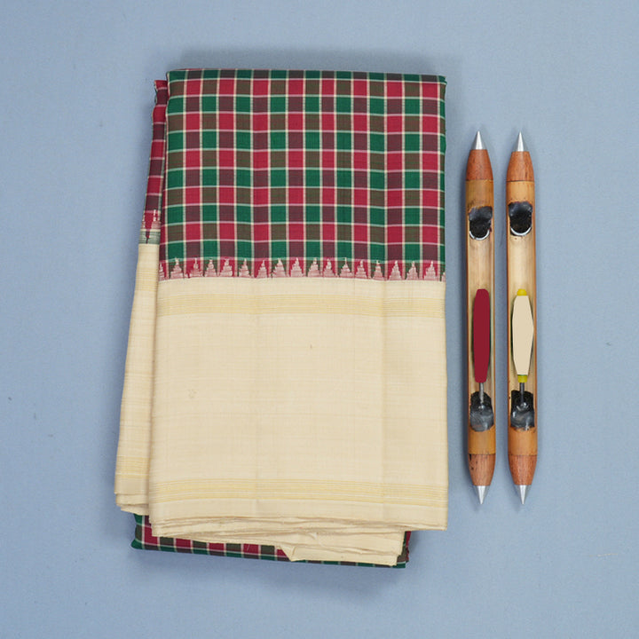 Hayagrivas Handloom Green &amp; Maroon Checks Kanjivaram Silk Saree with Beige Border KBF729G1-1