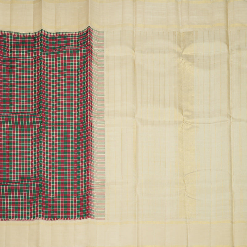 Hayagrivas Handloom Green &amp; Maroon Checks Kanjivaram Silk Saree with Beige Border KBF729G1-1
