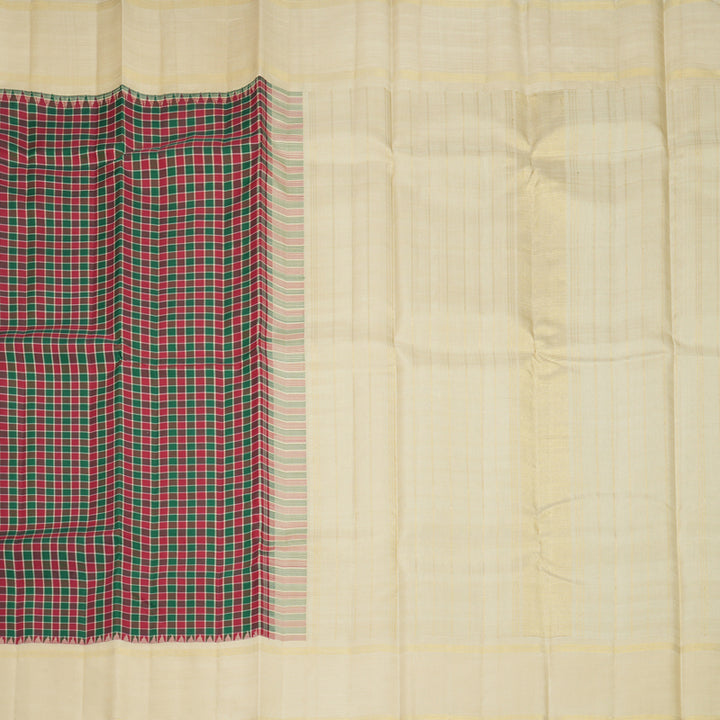 Hayagrivas Handloom Green &amp; Maroon Checks Kanjivaram Silk Saree with Beige Border KBF729G1-1
