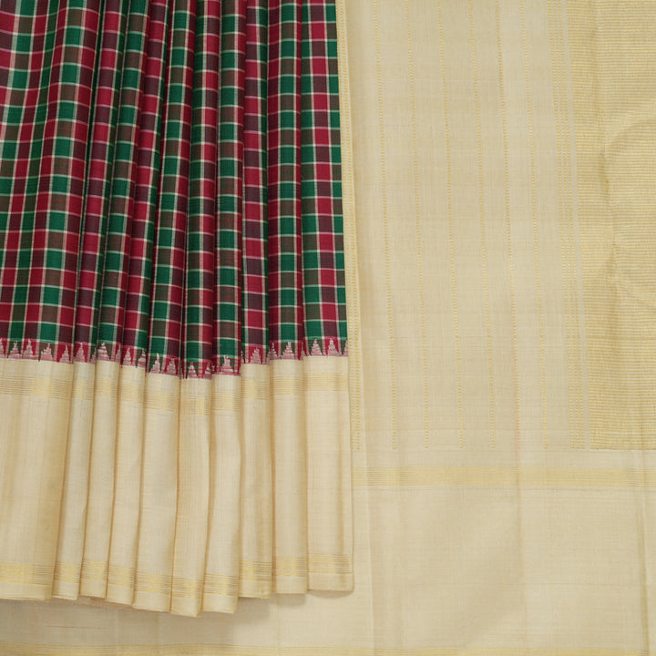 Hayagrivas Handloom Green &amp; Maroon Checks Kanjivaram Silk Saree with Beige Border KBF729G1-1