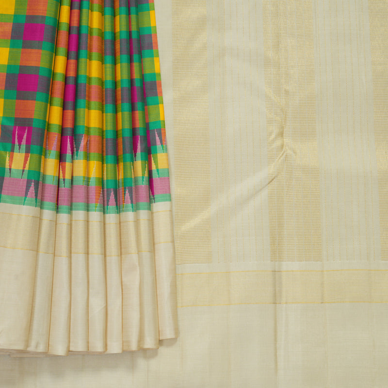 Hayagrivas Handloom Multicolour Checks Kanjivaram Silk Saree with Cream Border KBF729G2-1