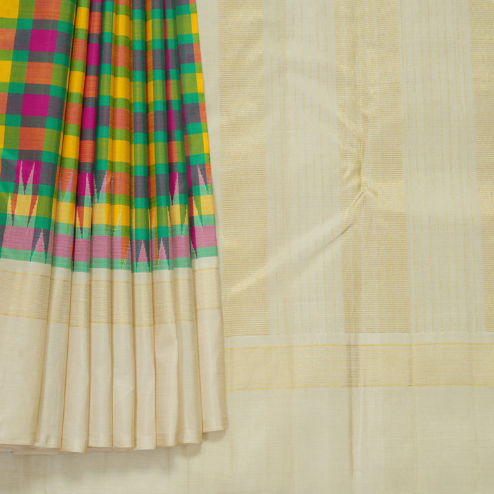Hayagrivas Handloom Multicolour Checks Kanjivaram Silk Saree with Cream Border KBF729G2-1