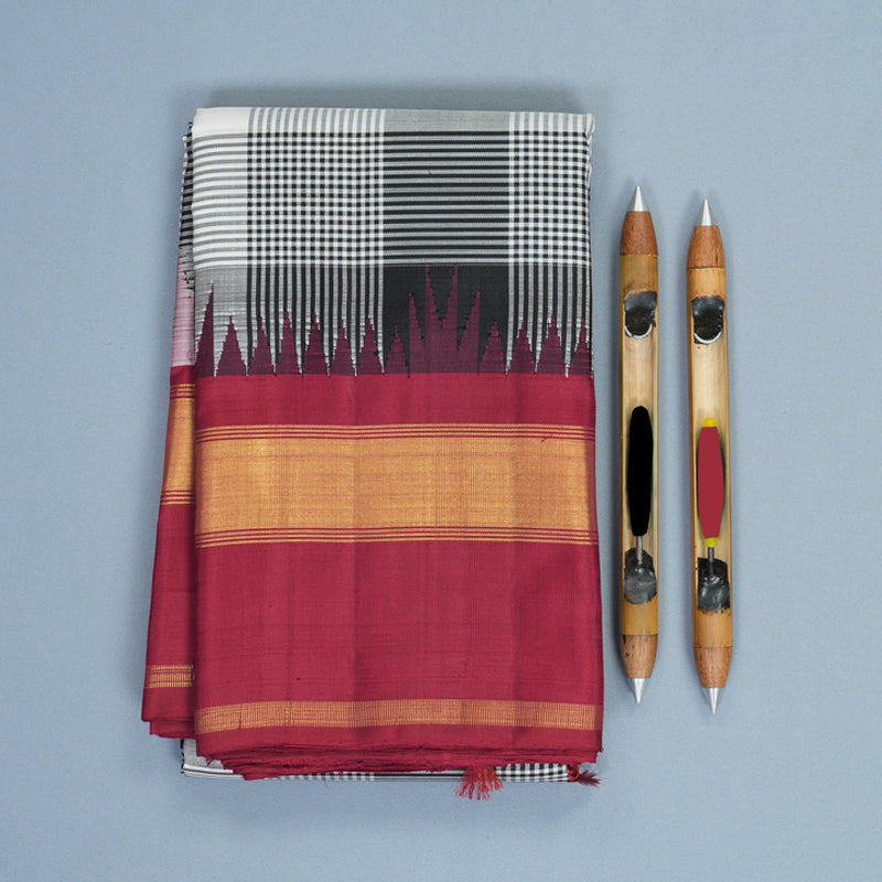 Hayagrivas Handloom Black &amp; White Checks Kanjivaram Silk Saree with Maroon Border KBF729G3-2