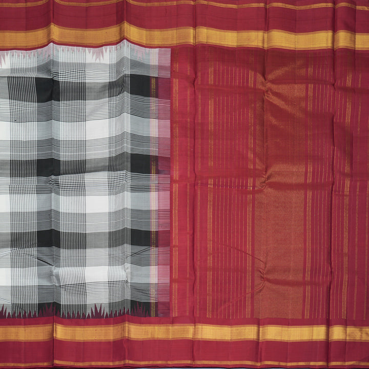 Hayagrivas Handloom Black &amp; White Checks Kanjivaram Silk Saree with Maroon Border KBF729G3-2
