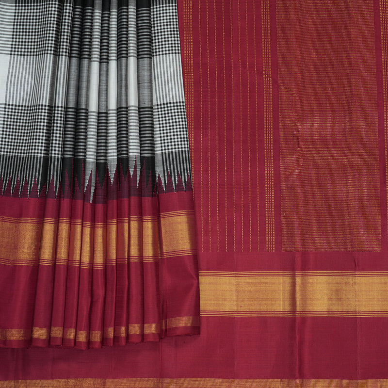 Hayagrivas Handloom Black &amp; White Checks Kanjivaram Silk Saree with Maroon Border KBF729G3-2