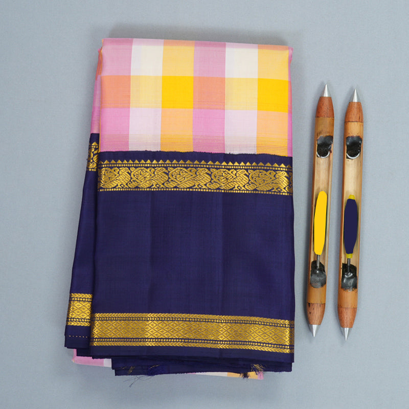 Hayagrivas Handloom Multicolour Checks Kanjivaram Silk Saree with Dark Blue Border KBF729G4-1