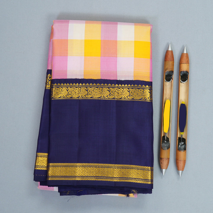 Hayagrivas Handloom Multicolour Checks Kanjivaram Silk Saree with Dark Blue Border KBF729G4-1