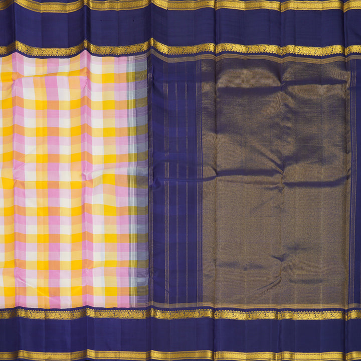 Hayagrivas Handloom Multicolour Checks Kanjivaram Silk Saree with Dark Blue Border KBF729G4-1