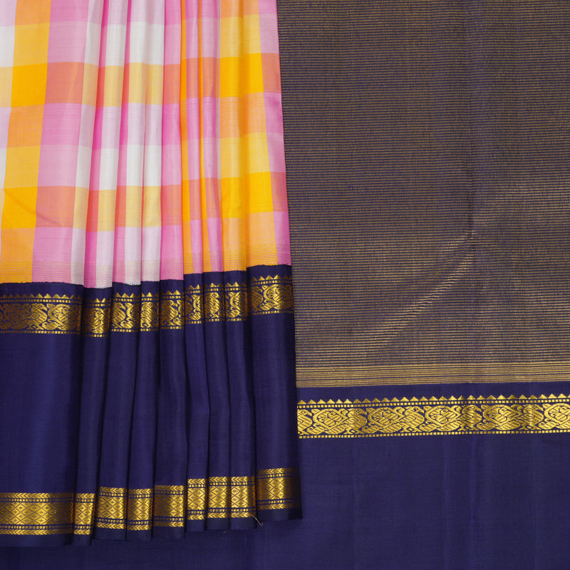 Hayagrivas Handloom Multicolour Checks Kanjivaram Silk Saree with Dark Blue Border KBF729G4-1