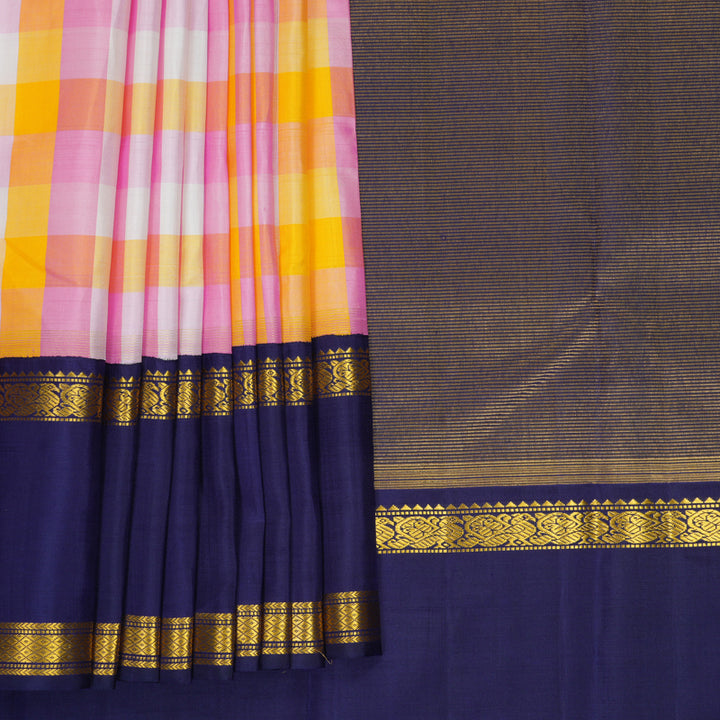 Hayagrivas Handloom Multicolour Checks Kanjivaram Silk Saree with Dark Blue Border KBF729G4-1