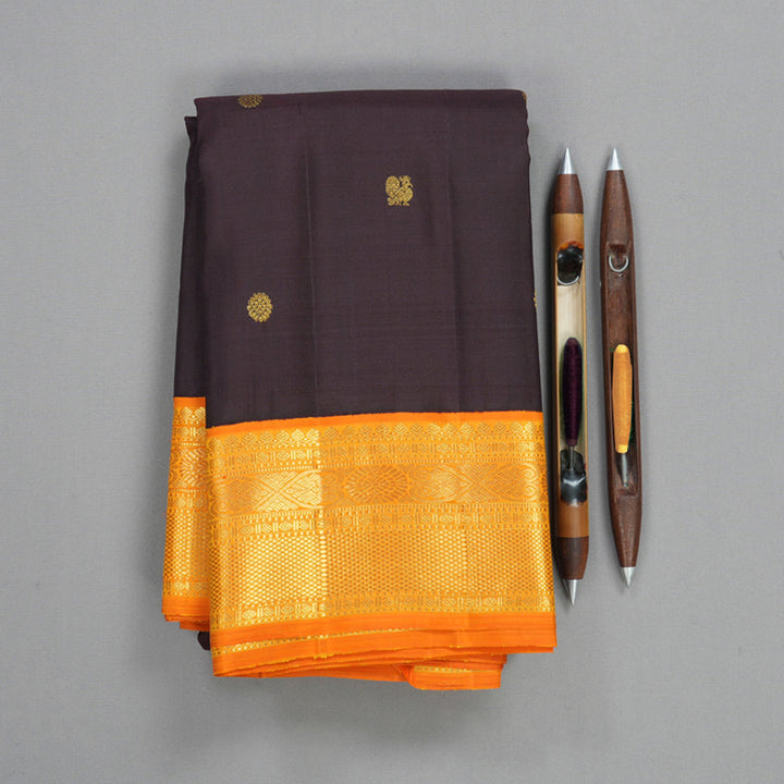 Hayagrivas Handloom Kanchana Brown Kanjivaram Silk Saree with Orange Border KBF732G6-1