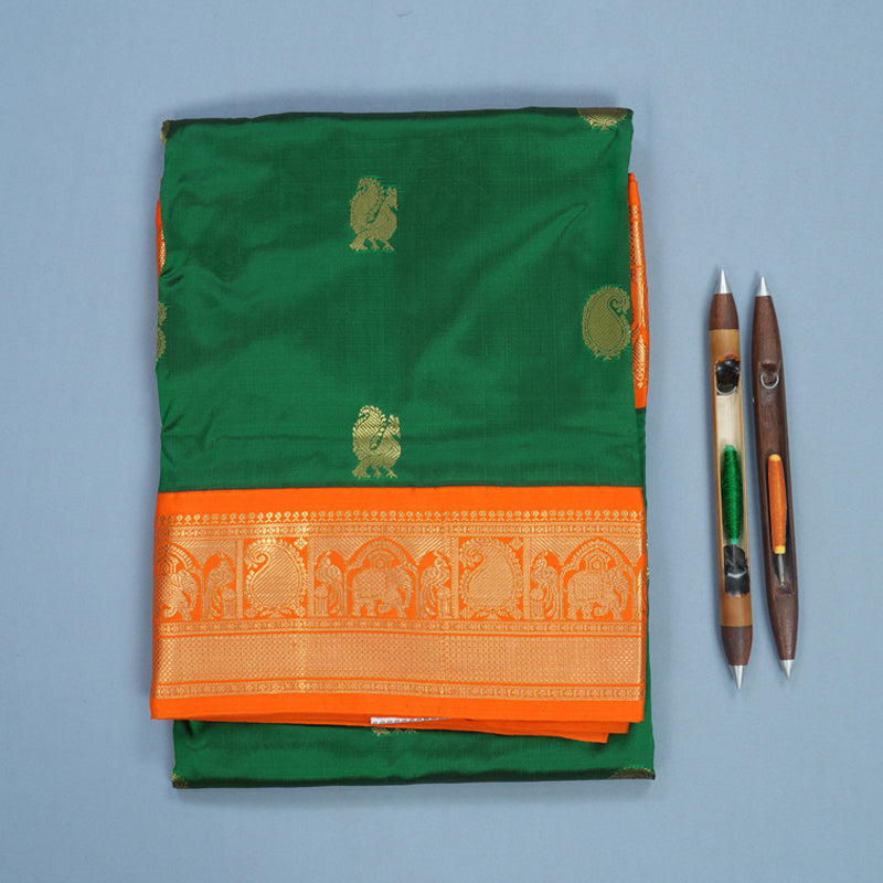 Hayagrivas Handloom Dark Green Ten Yards Silk Saree KBF736G2-17