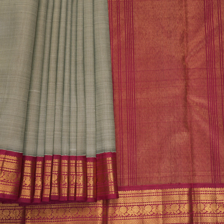 Hayagrivas Handloom Elephant Grey Kanjivaram Silk Saree with Maroon Border KBF739G2-5