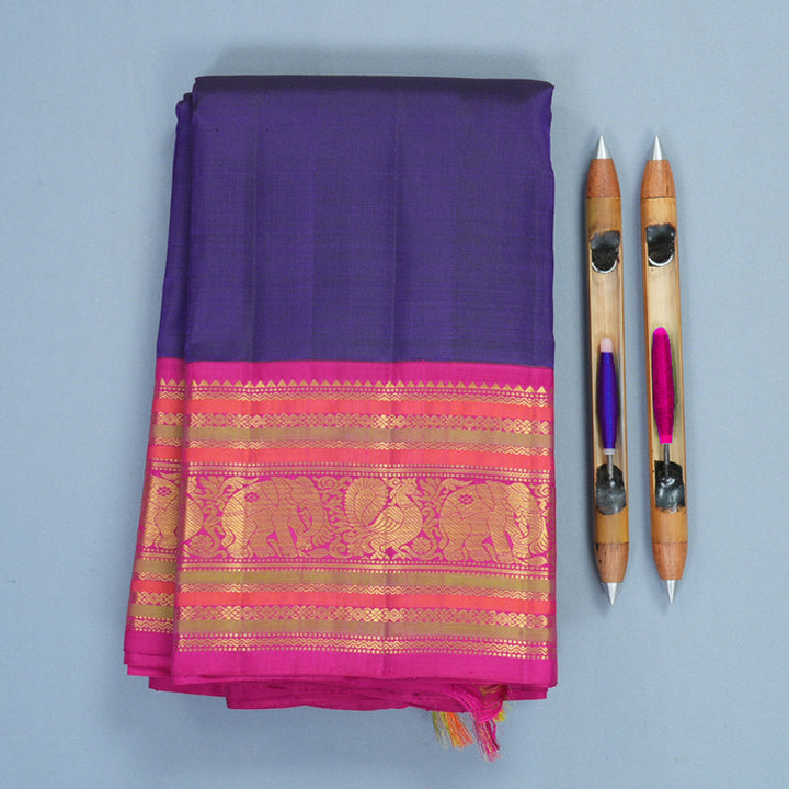 Hayagrivas Handloom Brinjal Purple Kanjivaram Silk Saree with Pink Border KBF739G4-1