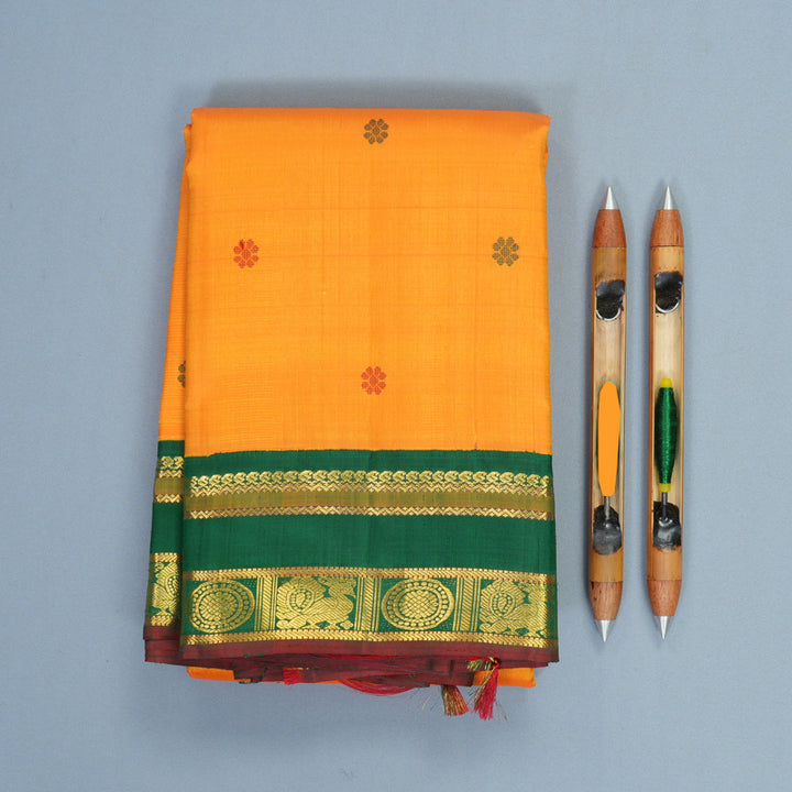 Hayagrivas Handloom Mambazham Orange Kanjivaram Silk Saree with Dark Green Border KBF743H1-1