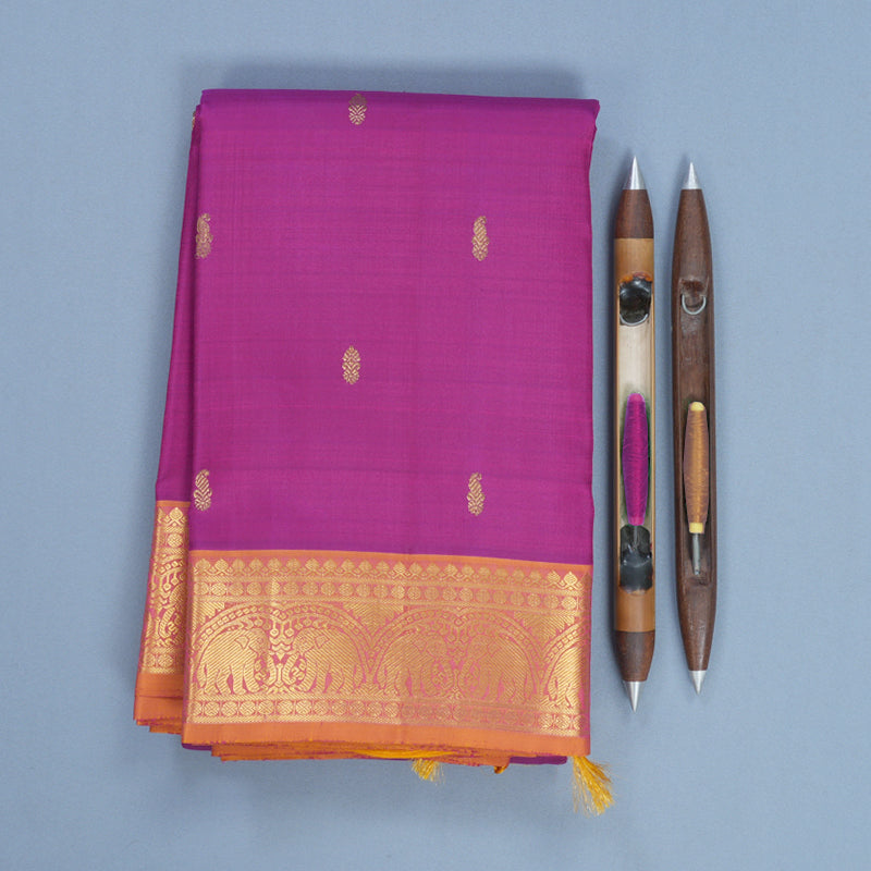 Hayagrivas Handloom Purple Kanjivaram Silk Saree with Orangish-Pink Border KBF743H11-1