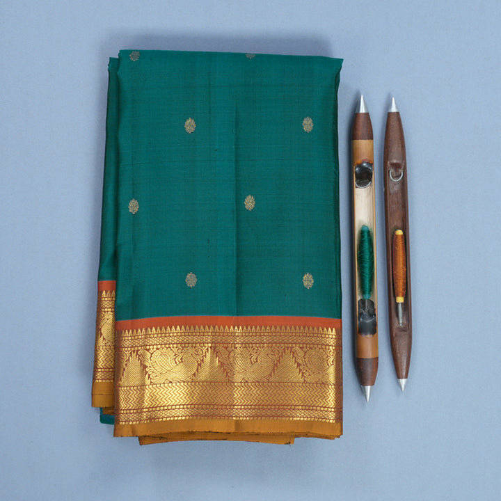 Hayagrivas Handloom Rama Green Kanjivaram Silk Saree with Rust Orange Border KBF743H12-1