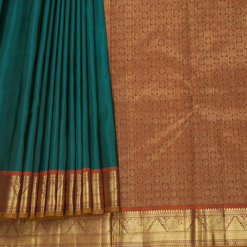 Hayagrivas Handloom Rama Green Kanjivaram Silk Saree with Rust Orange Border KBF743H12-1