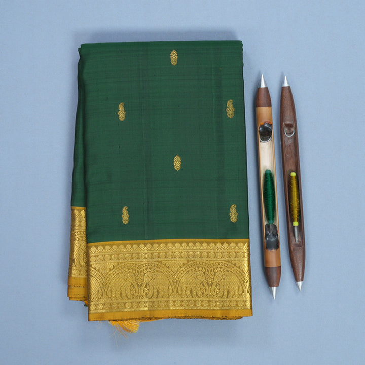 Hayagrivas Handloom Bottle Green Kanjivaram Silk Saree with Sampanga Yellow Border KBF743H15-1