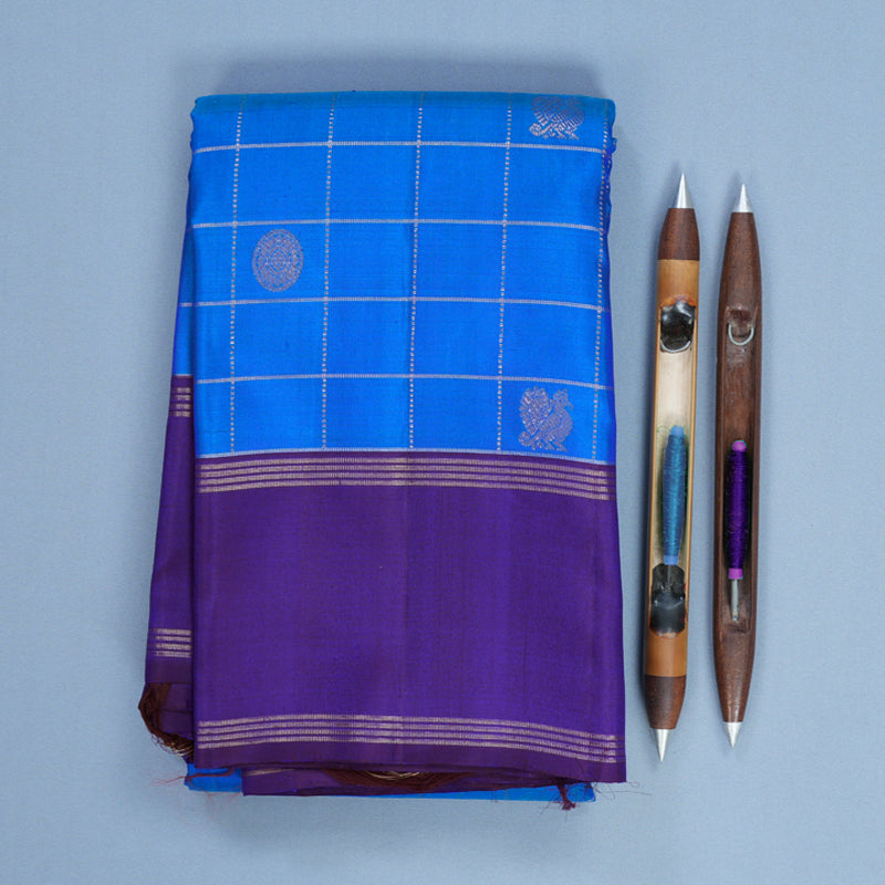 Hayagrivas Sapphire Blue Handloom Kanjivaram Silk Saree with Purple Border KBF744H1-1