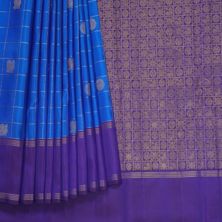 Hayagrivas Sapphire Blue Handloom Kanjivaram Silk Saree with Purple Border KBF744H1-1