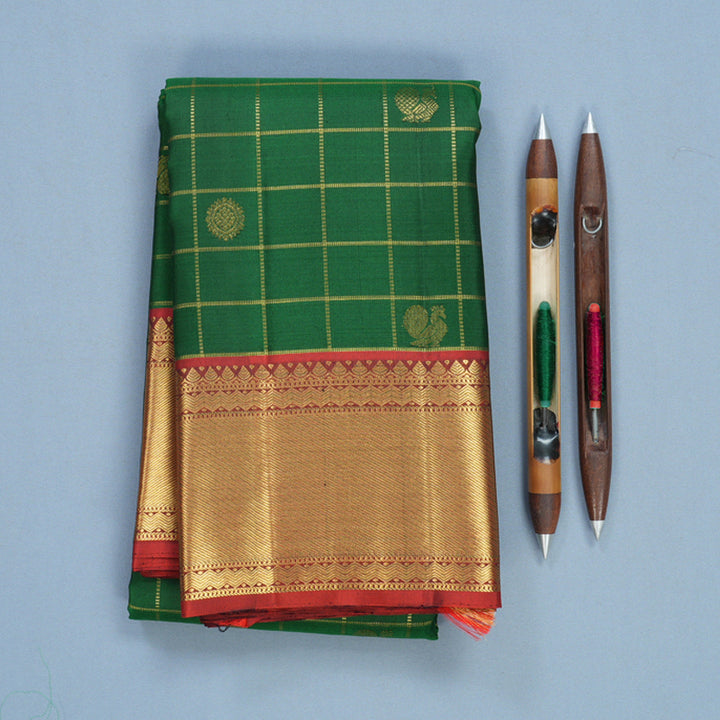 Hayagrivas Handloom Green Kanjivaram Silk Saree with Rust Orange Border KBF744H5-1