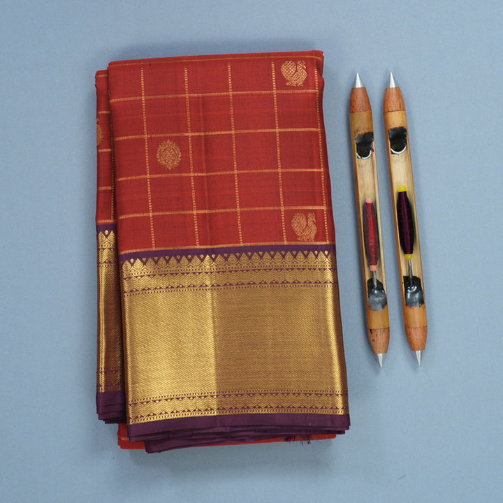 Hayagrivas Handloom Rust Orange Kanjivaram Silk Saree with Burgundy Border KBF744H5-6