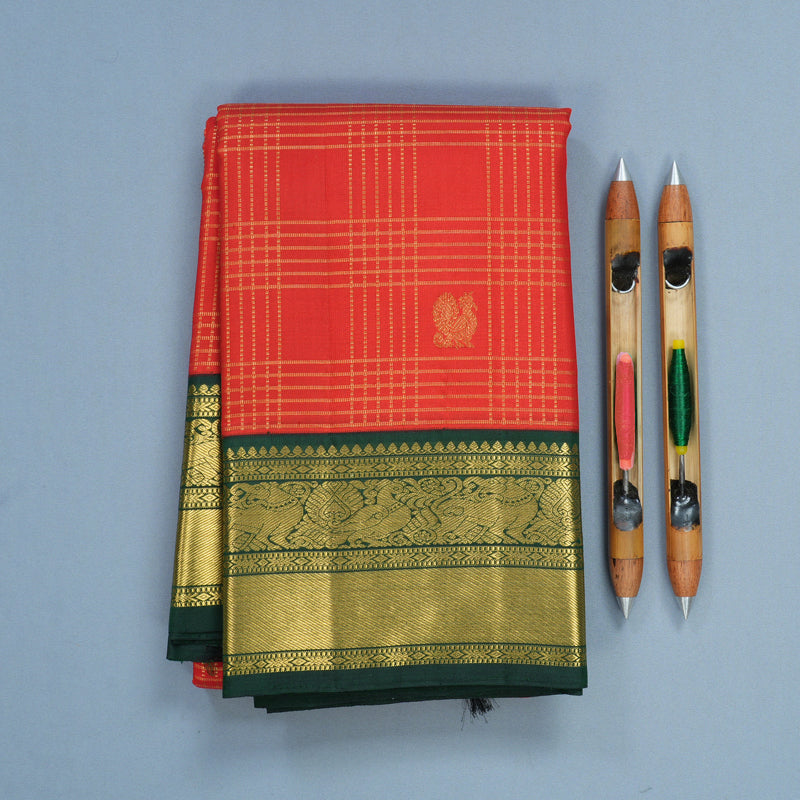 Hayagrivas Handloom Red Kanjivaram Silk Saree with Bottle Green Border KBF744H9-1