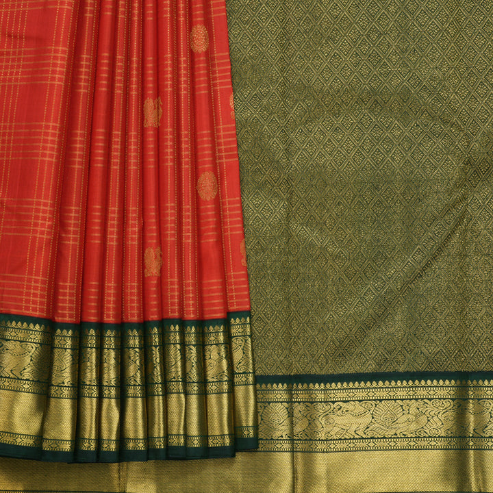 Hayagrivas Handloom Red Kanjivaram Silk Saree with Bottle Green Border KBF744H9-1