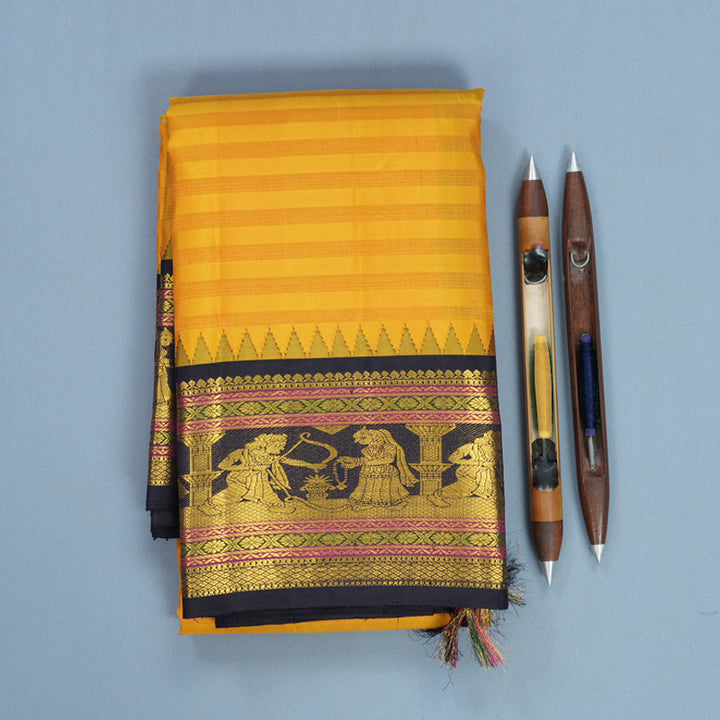 Hayagrivas Handloom Mustard Yellow Kanjivaram Silk Saree with Deep Jamun Border KBF751H1-1
