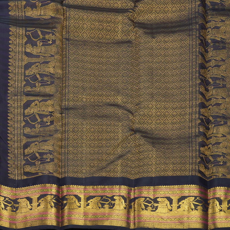 Hayagrivas Handloom Mustard Yellow Kanjivaram Silk Saree with Deep Jamun Border KBF751H1-1